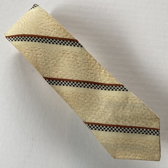 VNTG Wembley Men’s Skinny Tie yellow, brown, black & white checkerboard stripe - Picture 2 of 6